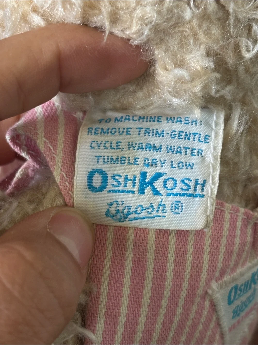 Vintage OshKosh B'gosh 11” Bear Pink & White Striped Overalls